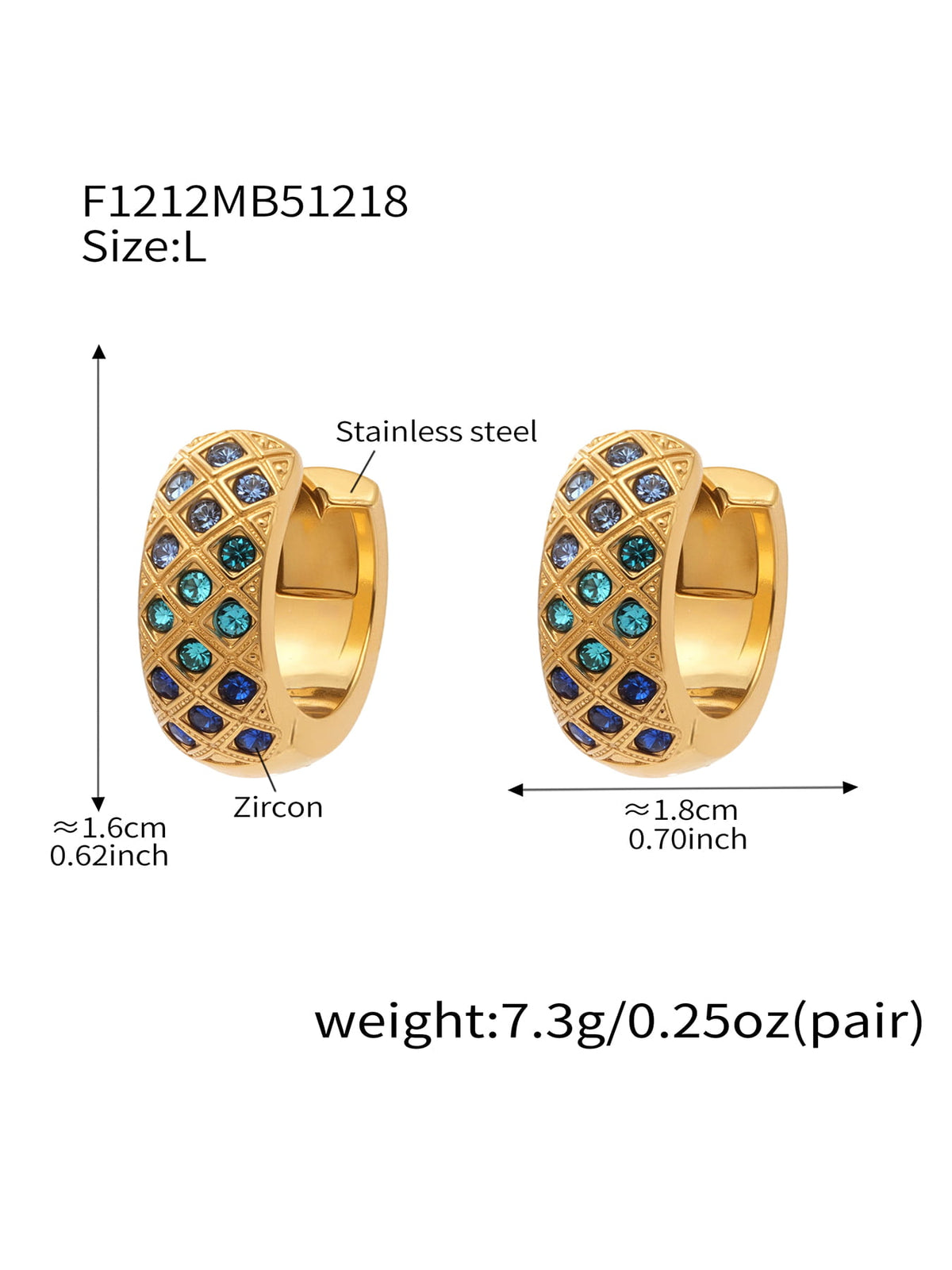 F1212 gold-tone blue CZ lattice hoop earrings, size L; diagram shows approximately 16 by 18 mm and 7.3 g per pair.