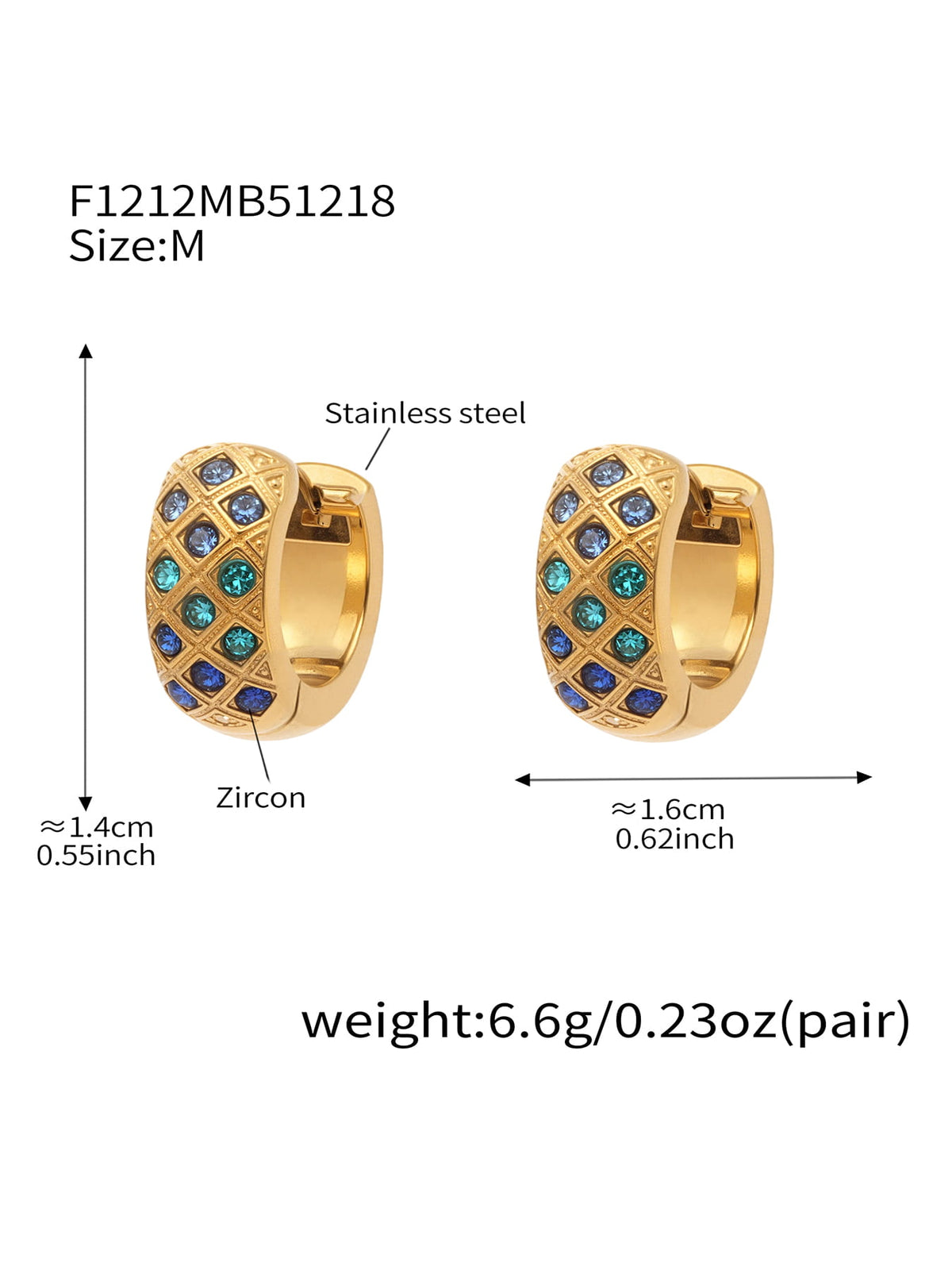 F1212 gold-tone blue CZ lattice hoop earrings, size M; diagram shows approximately 14 by 16 mm and 6.6 g per pair.