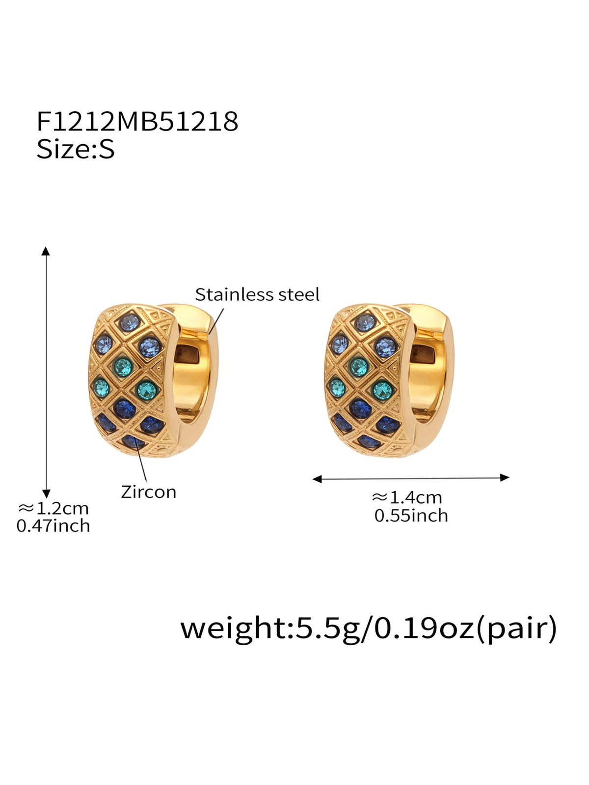 F1212 gold-tone blue CZ lattice hoop earrings, size S; diagram shows approximately 12 by 14 mm and 5.5 g per pair.