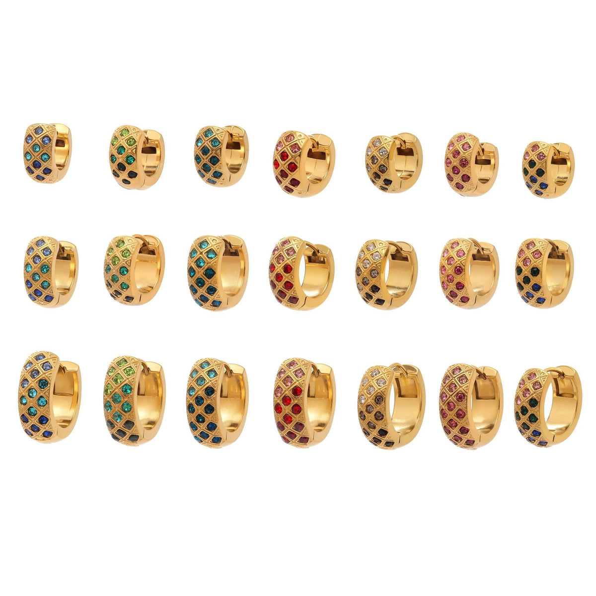Gold-tone CZ lattice huggie hoop earrings shown in seven stone-color options and three sizes.