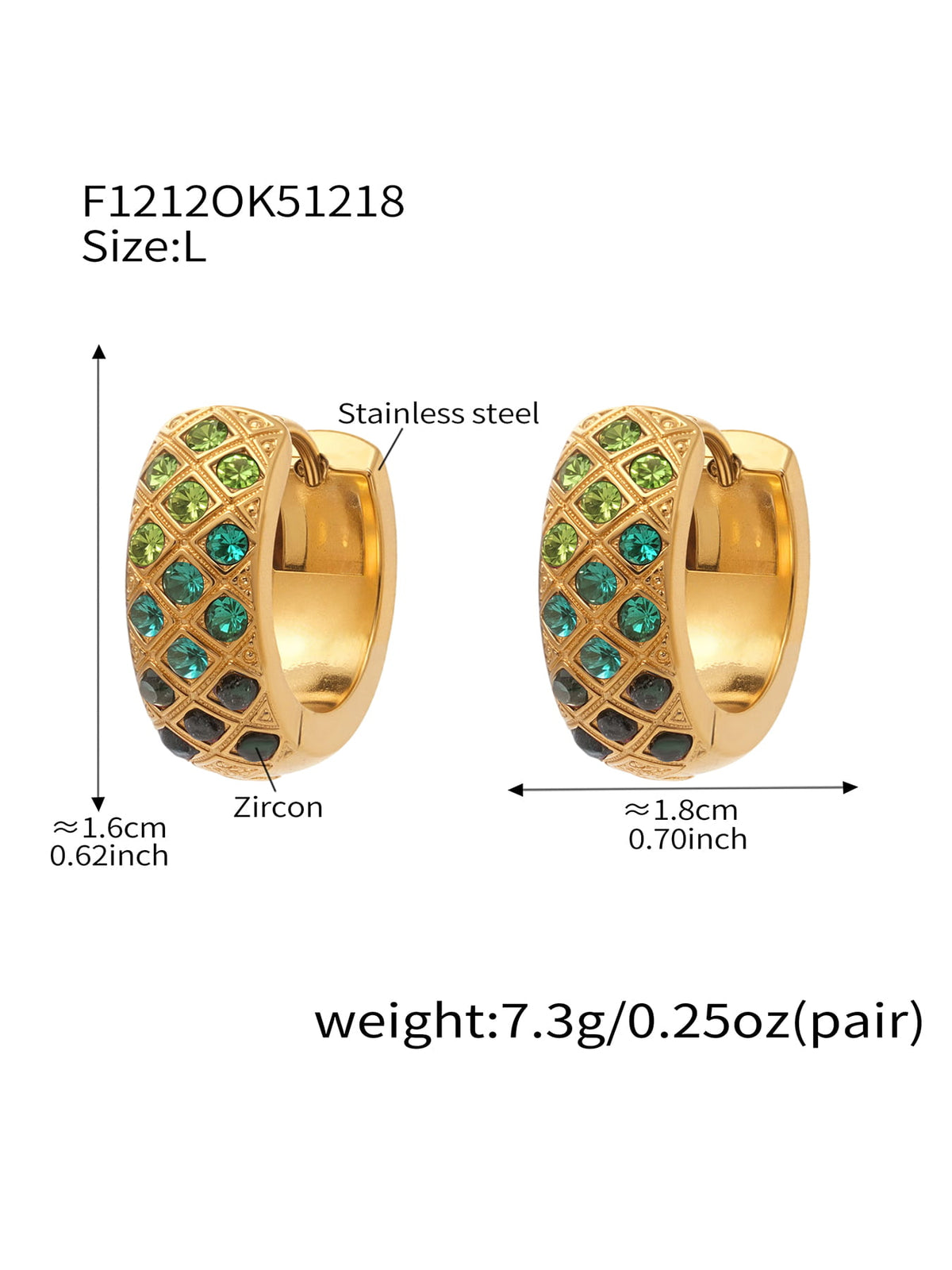 F1212 gold-tone green CZ lattice hoop earrings, size L; diagram shows approximately 16 by 18 mm and 7.3 g per pair.