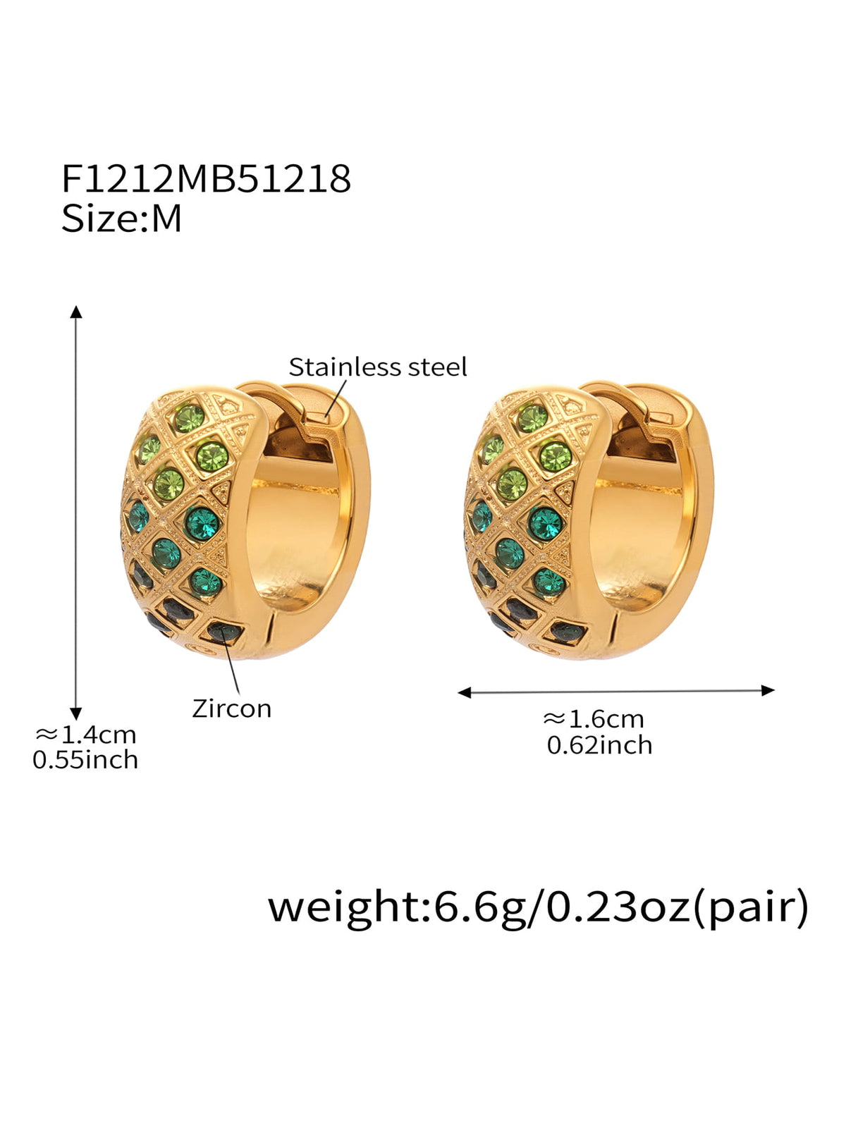 F1212 gold-tone green CZ lattice hoop earrings, size M; diagram shows approximately 14 by 16 mm and 6.6 g per pair.