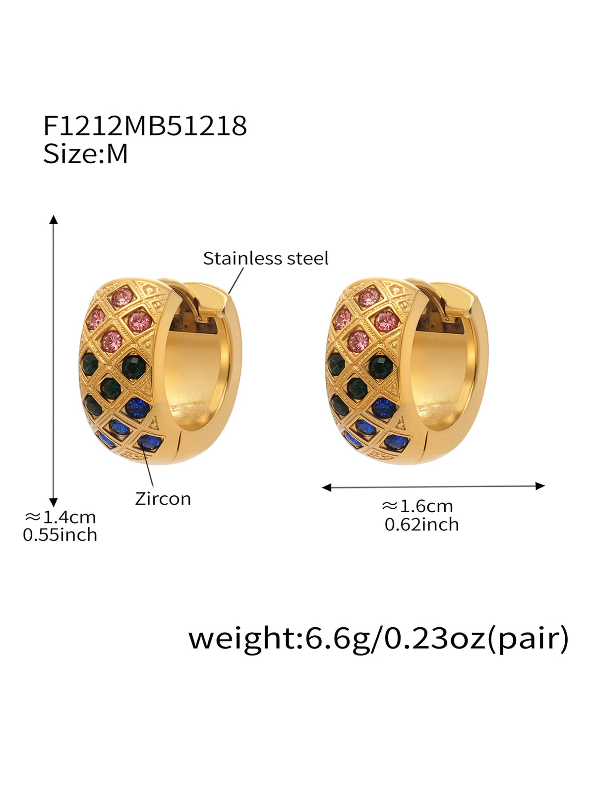 F1212 gold-tone multicolor CZ lattice hoop earrings, size M; diagram shows approximately 14 by 16 mm and 6.6 g per pair.