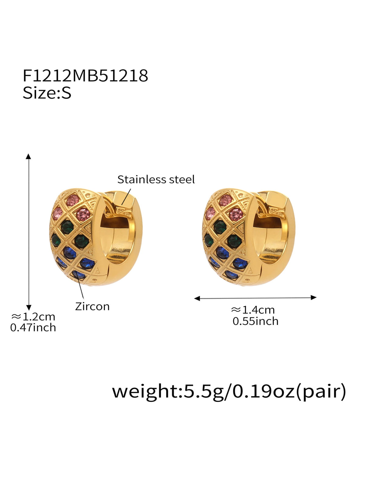 F1212 gold-tone multicolor CZ lattice hoop earrings, size S; diagram shows approximately 12 by 14 mm and 5.5 g per pair.