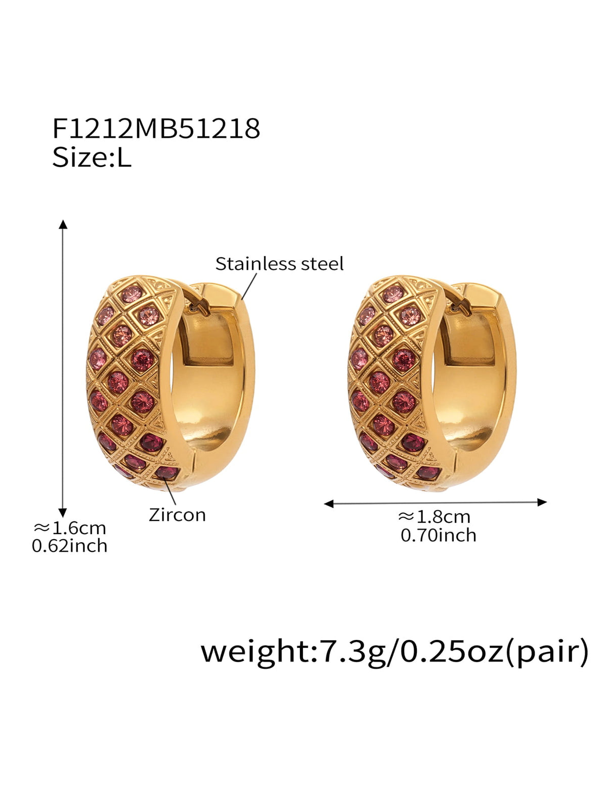 F1212 gold-tone pink CZ lattice hoop earrings, size L; diagram shows approximately 16 by 18 mm and 7.3 g per pair.