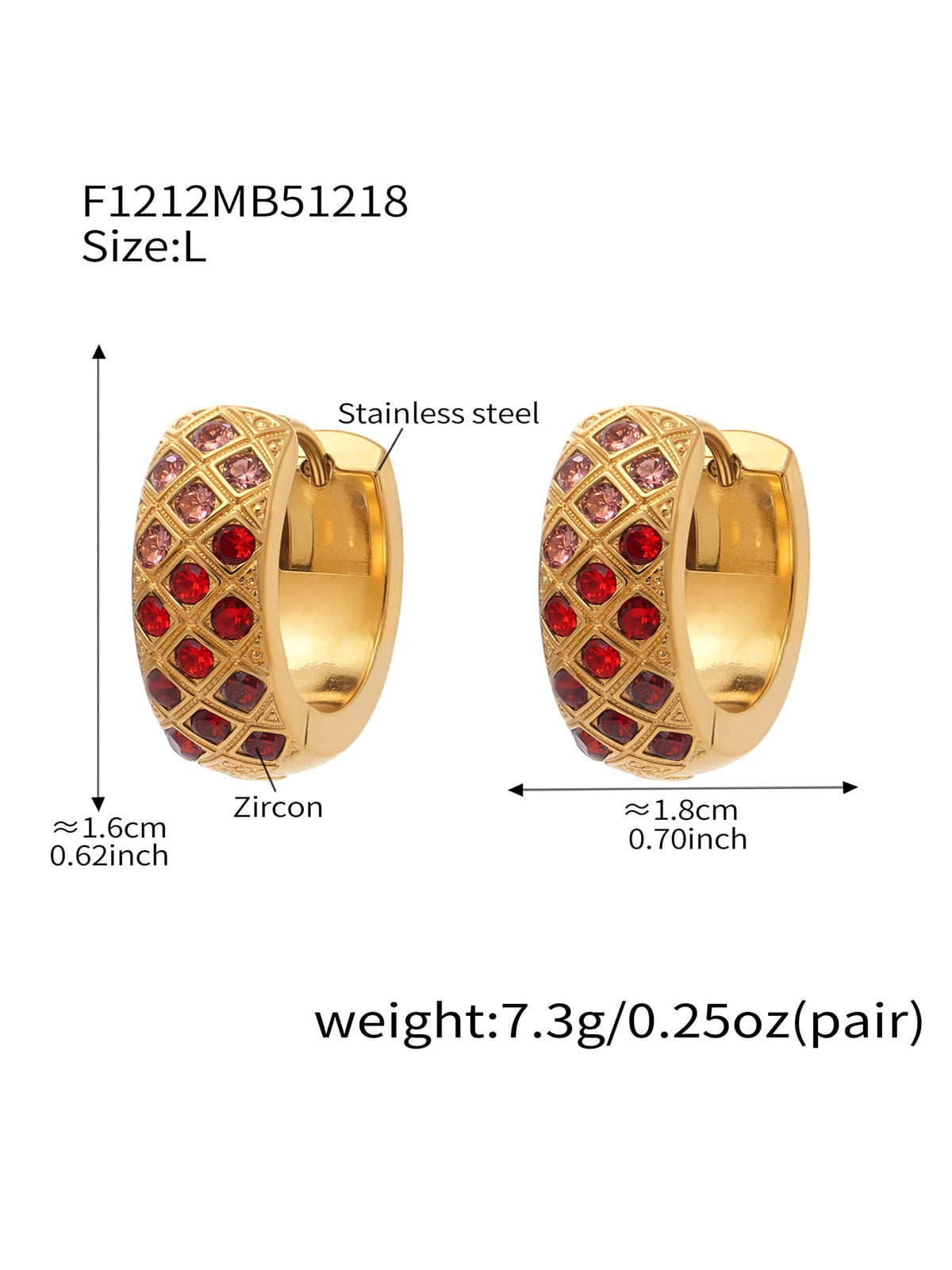 F1212 gold-tone red CZ lattice hoop earrings, size L; diagram shows approximately 16 by 18 mm and 7.3 g per pair.