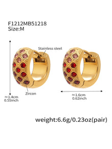 F1212 gold-tone red CZ lattice hoop earrings, size M; diagram shows approximately 14 by 16 mm and 6.6 g per pair.