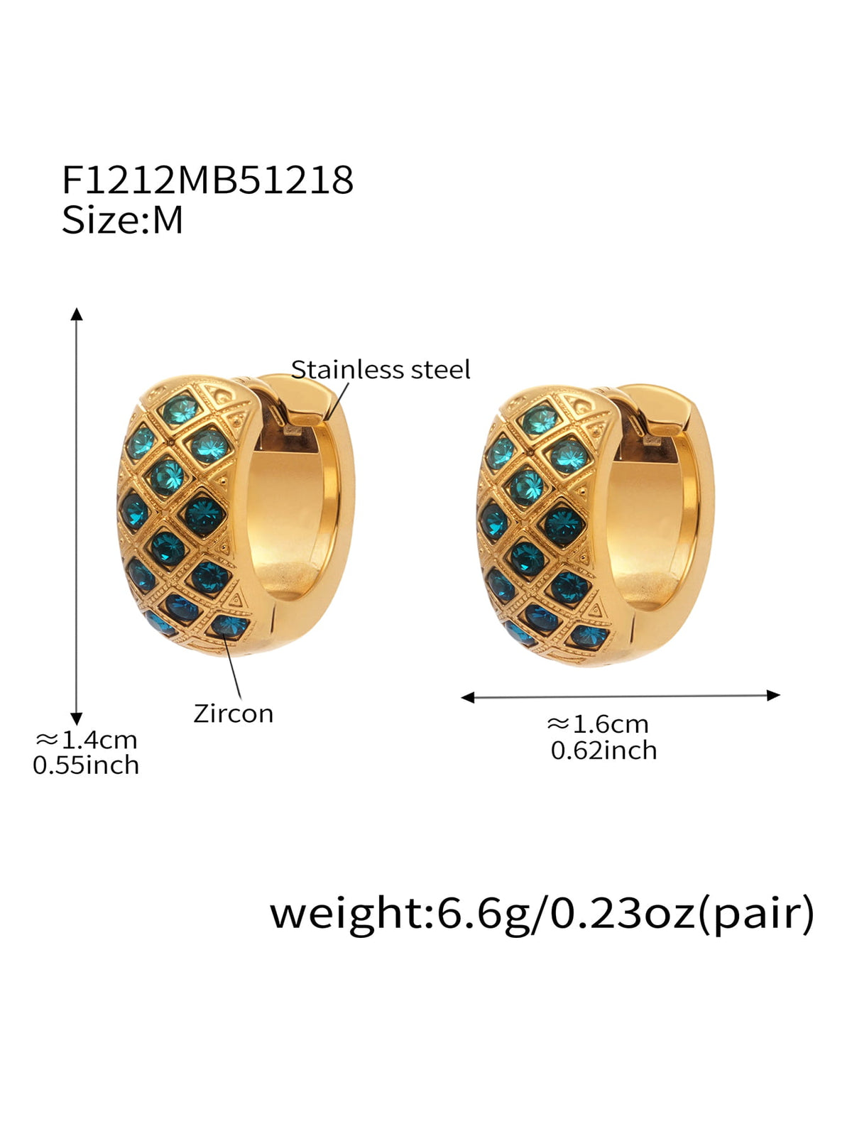 F1212 gold-tone teal CZ lattice hoop earrings, size M; diagram shows approximately 14 by 16 mm and 6.6 g per pair.