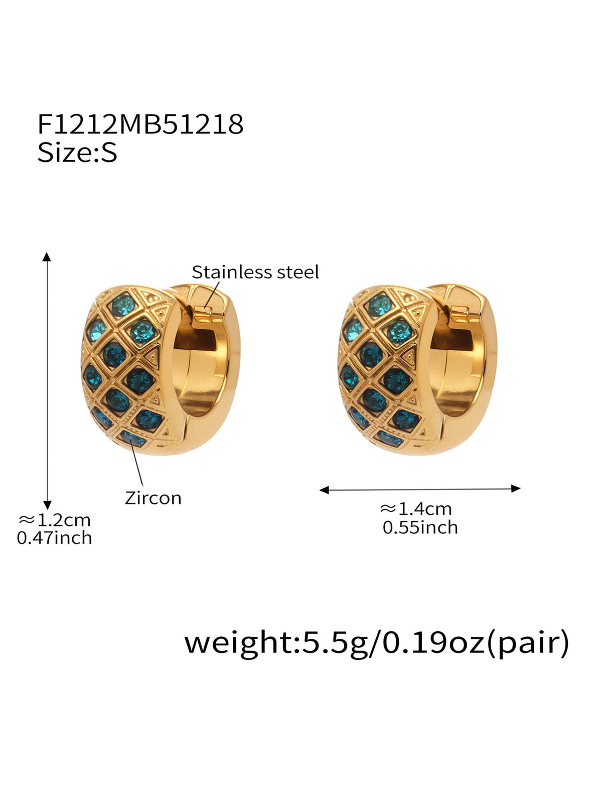 F1212 gold-tone teal CZ lattice hoop earrings, size S; diagram shows approximately 12 by 14 mm and 5.5 g per pair.