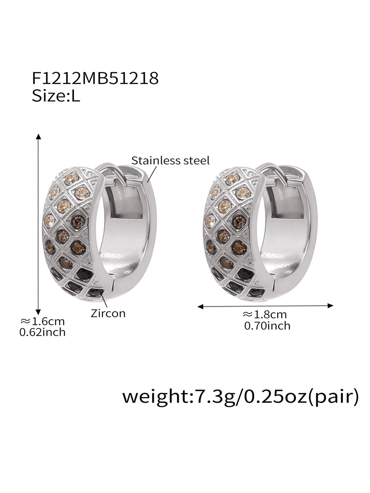 F1212 silver-tone black CZ lattice hoop earrings, size L; diagram shows approximately 16 by 18 mm and 7.3 g per pair.