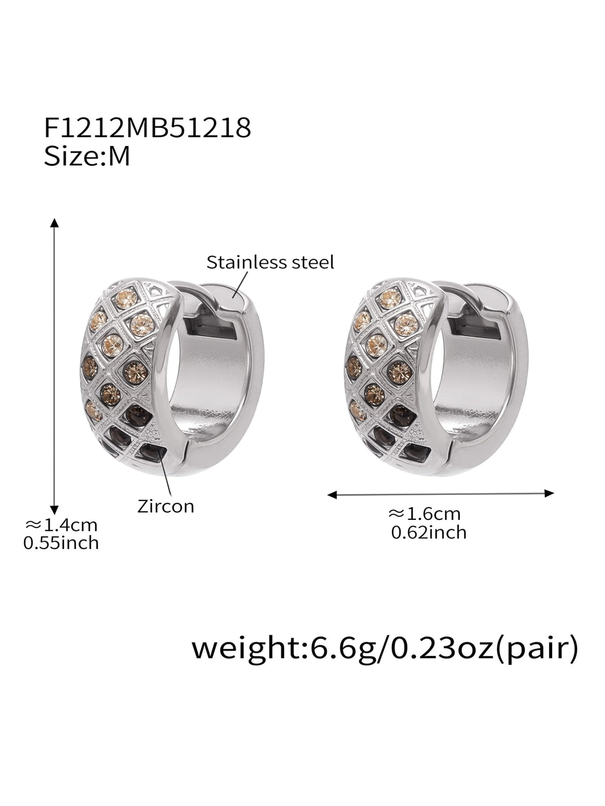 F1212 silver-tone black CZ lattice hoop earrings, size M; diagram shows approximately 14 by 16 mm and 6.6 g per pair.
