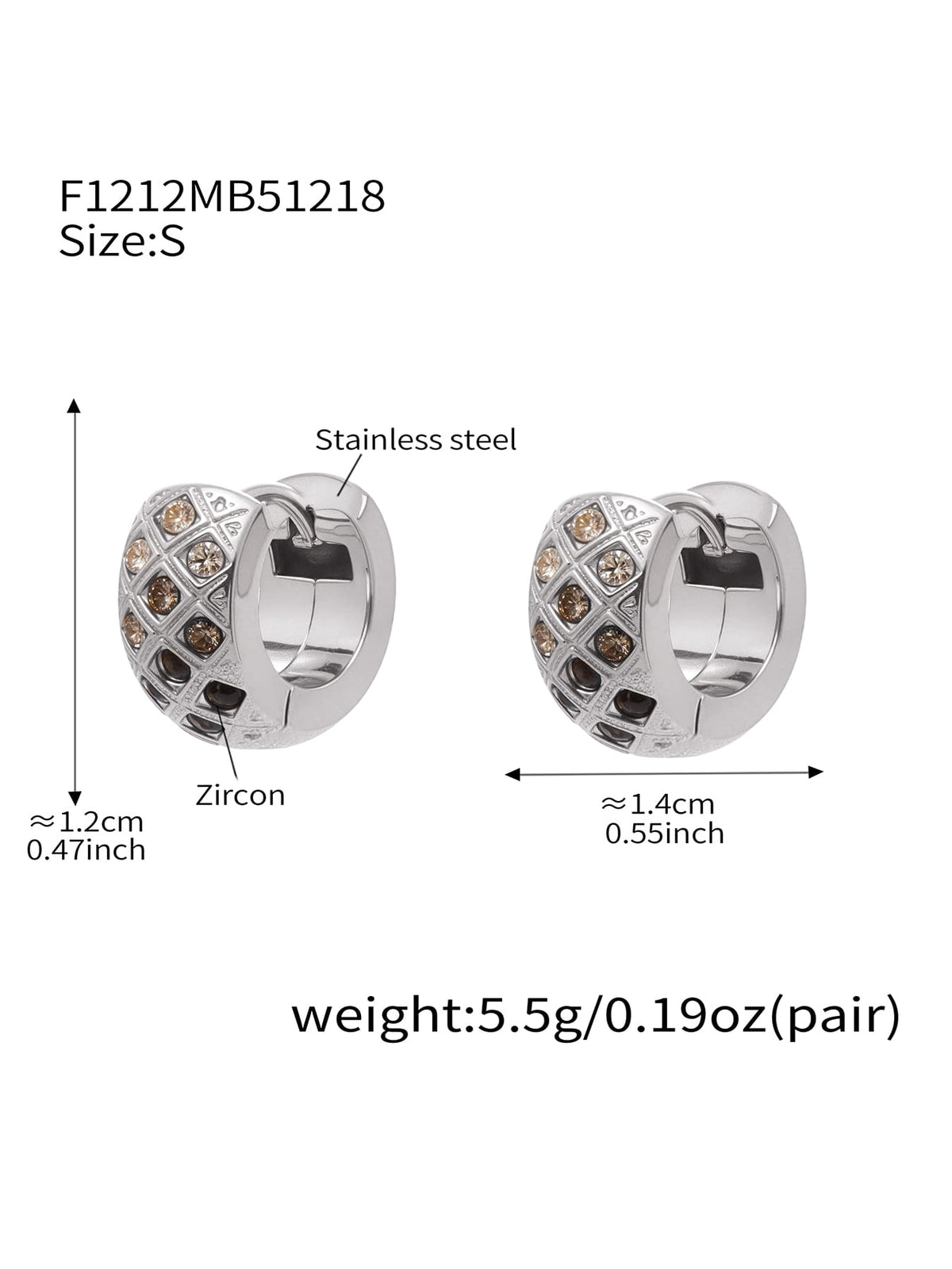 F1212 silver-tone black CZ lattice hoop earrings, size S; diagram shows approximately 12 by 14 mm and 5.5 g per pair.