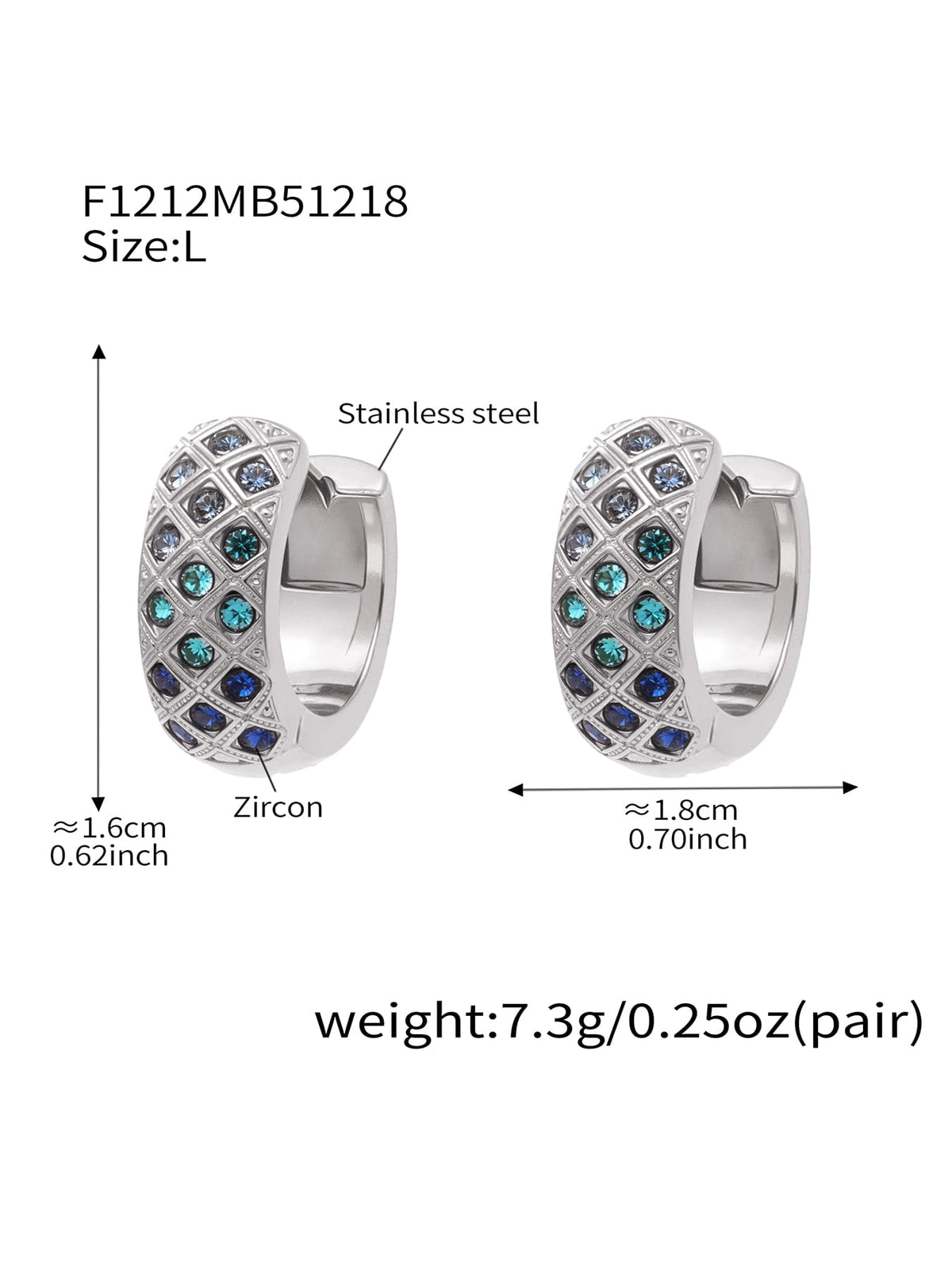 F1212 silver-tone blue CZ lattice hoop earrings, size L; diagram shows approximately 16 by 18 mm and 7.3 g per pair.
