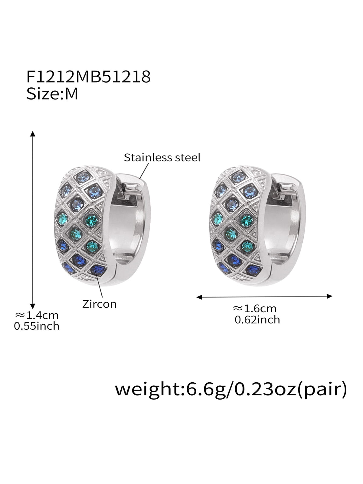 F1212 silver-tone blue CZ lattice hoop earrings, size M; diagram shows approximately 14 by 16 mm and 6.6 g per pair.