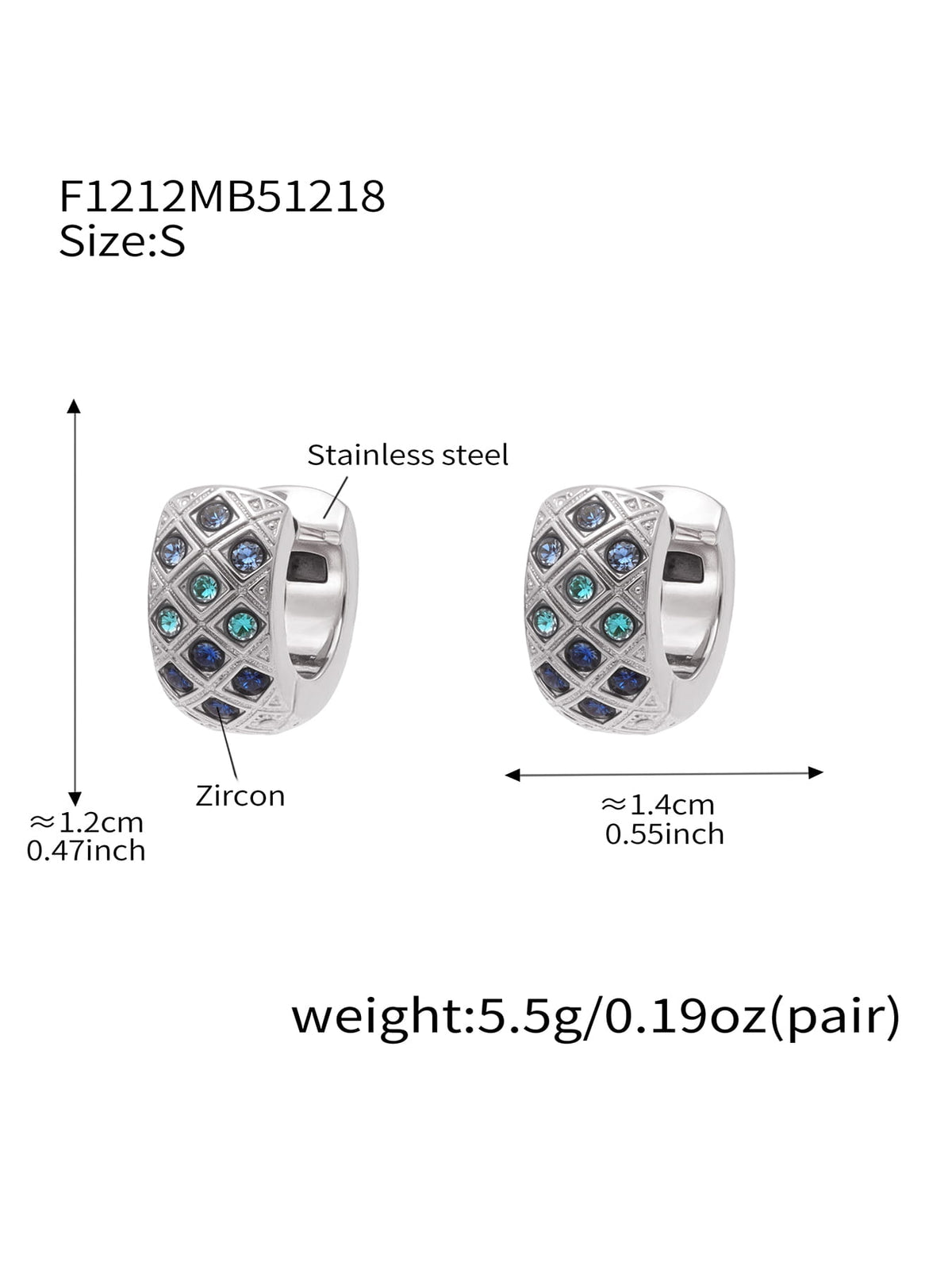 F1212 silver-tone blue CZ lattice hoop earrings, size S; diagram shows approximately 12 by 14 mm and 5.5 g per pair.