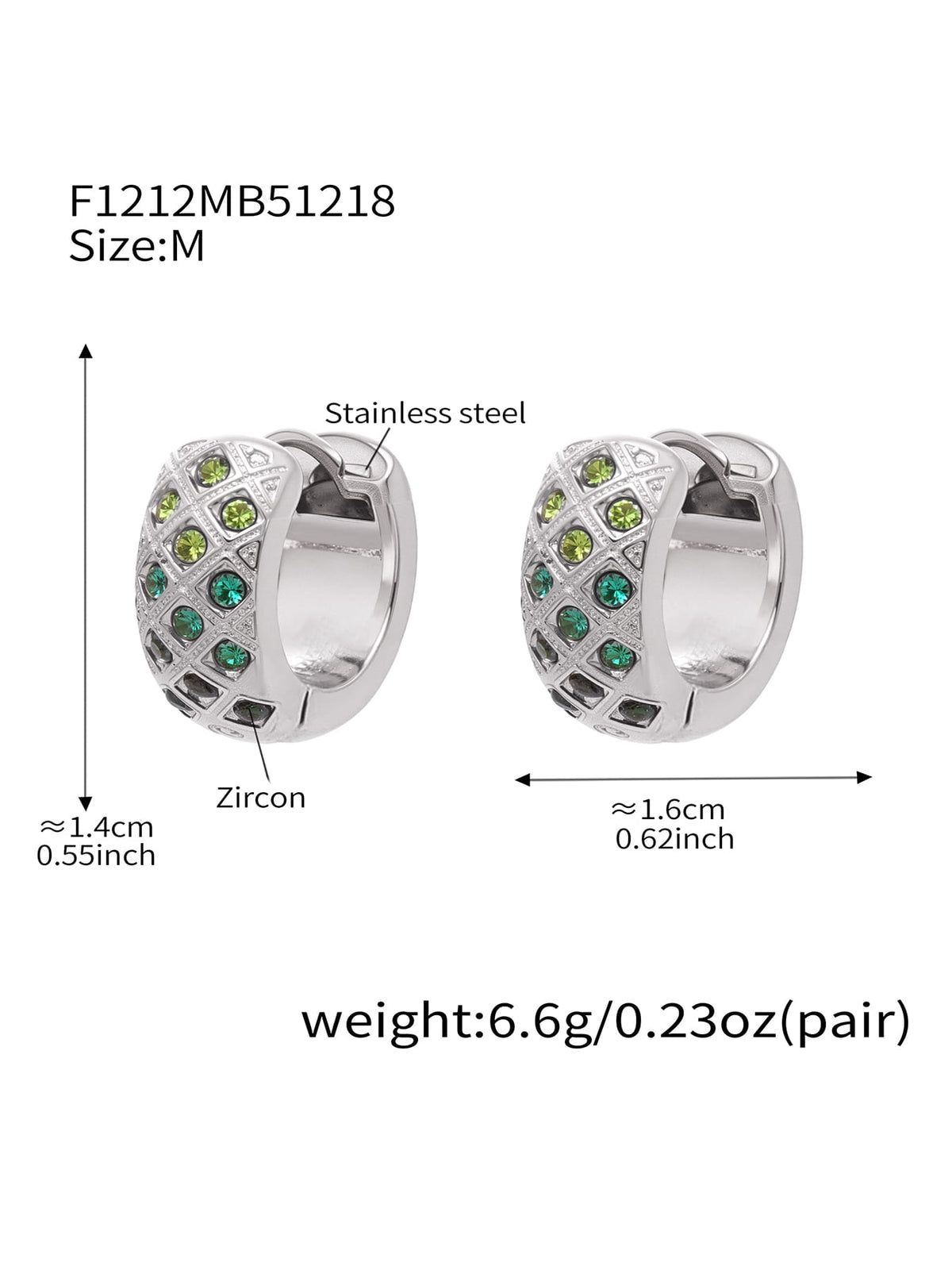 F1212 silver-tone green CZ lattice hoop earrings, size M; diagram shows approximately 14 by 16 mm and 6.6 g per pair.
