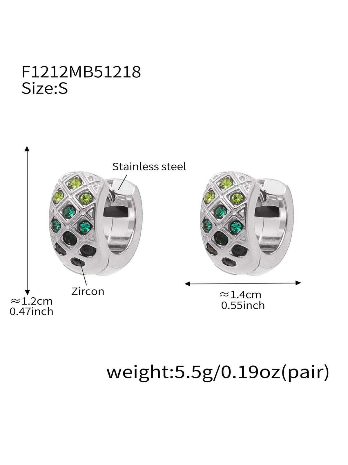 F1212 silver-tone green CZ lattice hoop earrings, size S; diagram shows approximately 12 by 14 mm and 5.5 g per pair.