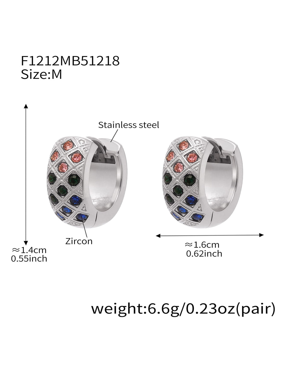 F1212 silver-tone multicolor CZ lattice hoop earrings, size M; diagram shows approximately 14 by 16 mm and 6.6 g per pair.