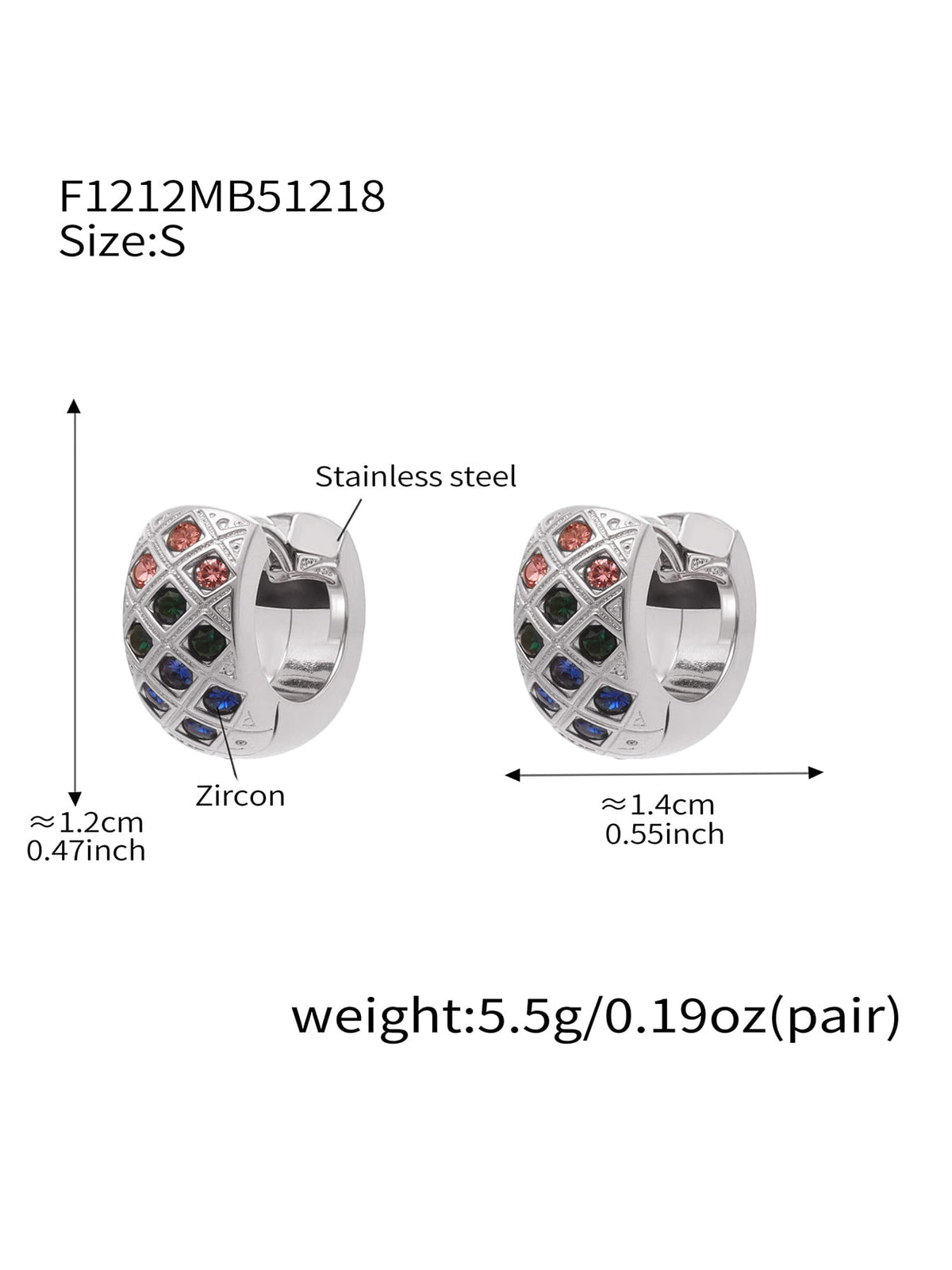 F1212 silver-tone multicolor CZ lattice hoop earrings, size S; diagram shows approximately 12 by 14 mm and 5.5 g per pair.