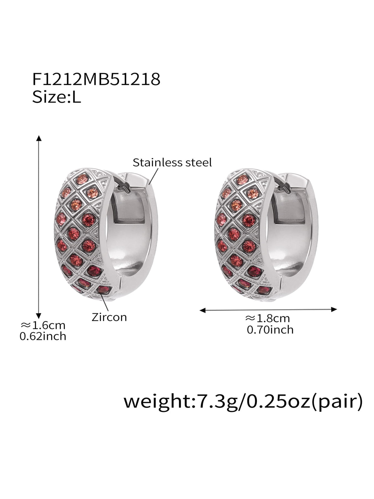 F1212 silver-tone pink CZ lattice hoop earrings, size L; diagram shows approximately 16 by 18 mm and 7.3 g per pair.
