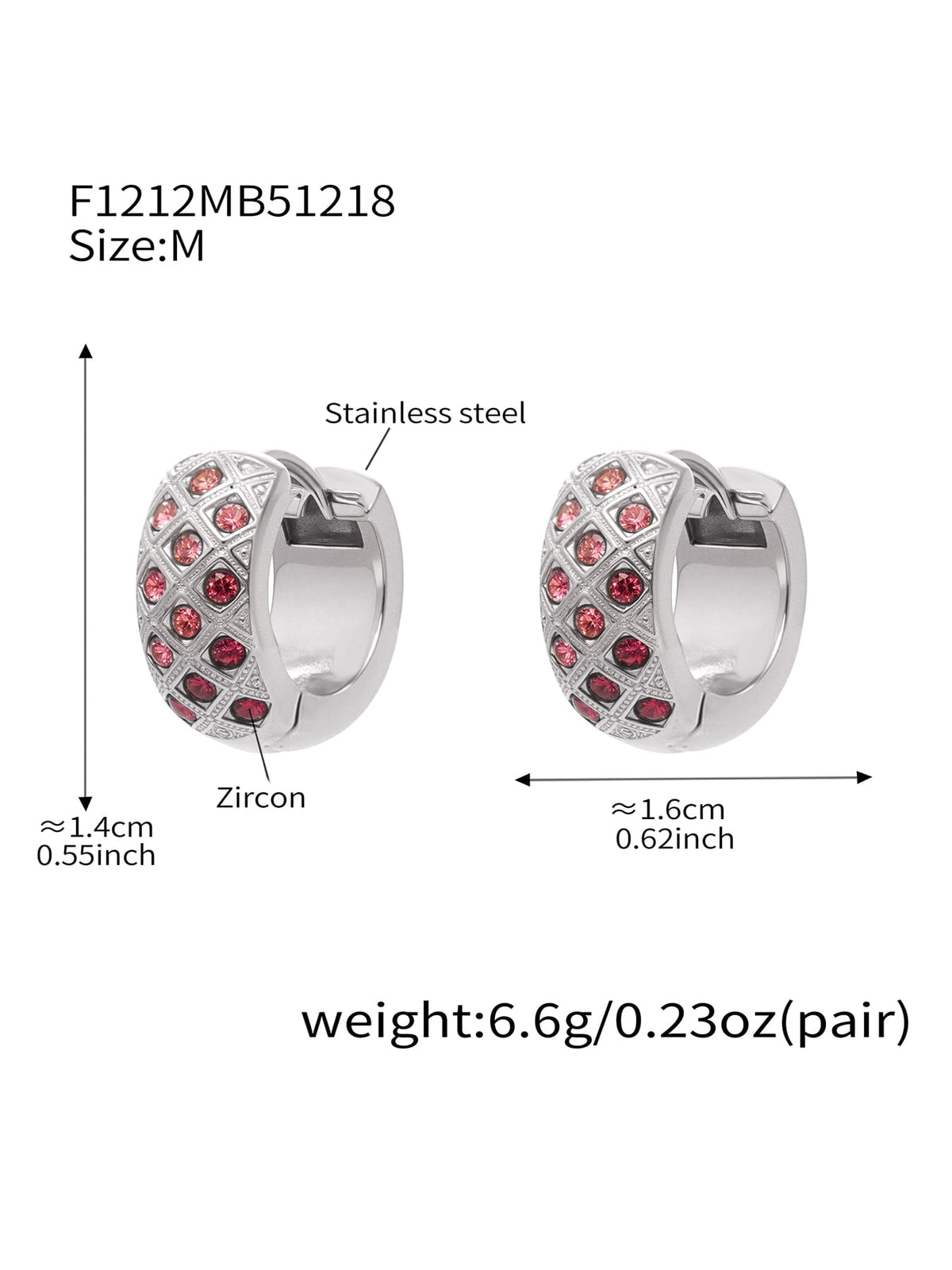 F1212 silver-tone pink CZ lattice hoop earrings, size M; diagram shows approximately 14 by 16 mm and 6.6 g per pair.