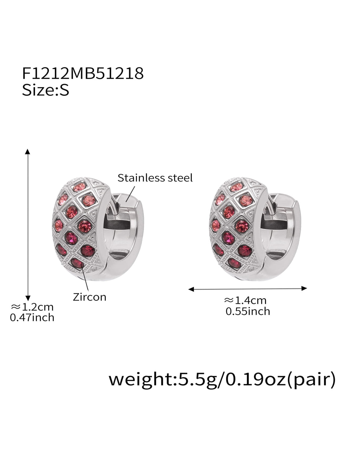 F1212 silver-tone pink CZ lattice hoop earrings, size S; diagram shows approximately 12 by 14 mm and 5.5 g per pair.