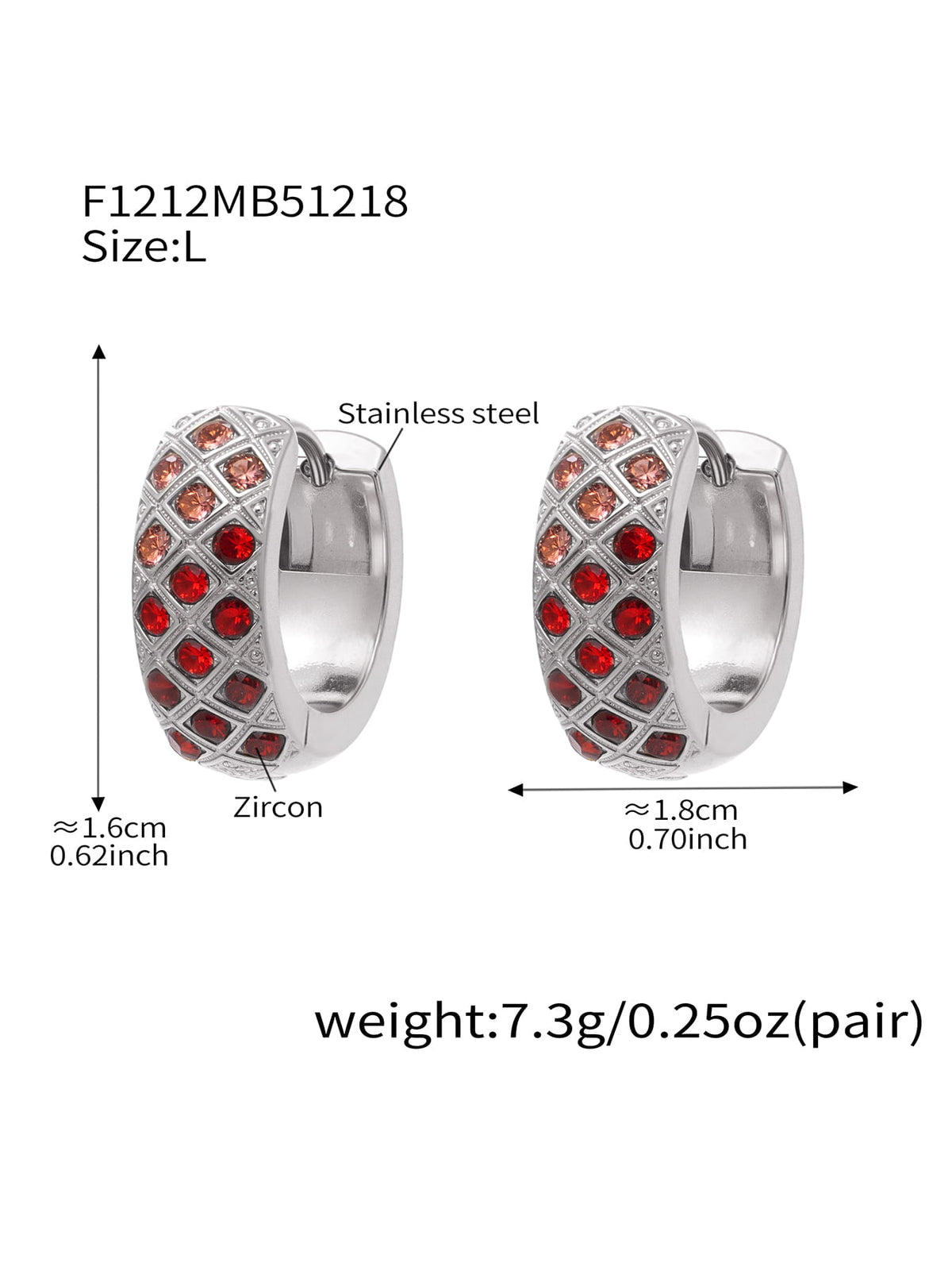 F1212 silver-tone red CZ lattice hoop earrings, size L; diagram shows approximately 16 by 18 mm and 7.3 g per pair.