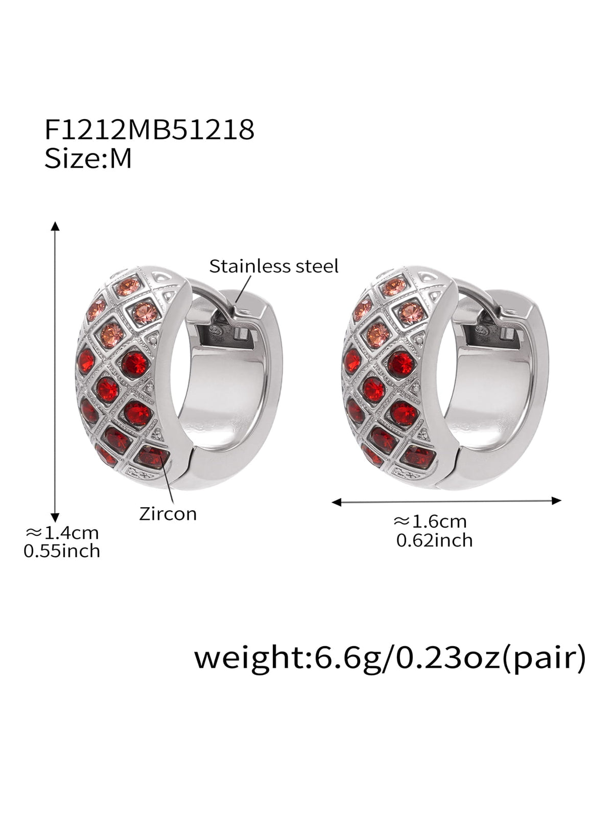 F1212 silver-tone red CZ lattice hoop earrings, size M; diagram shows approximately 14 by 16 mm and 6.6 g per pair.