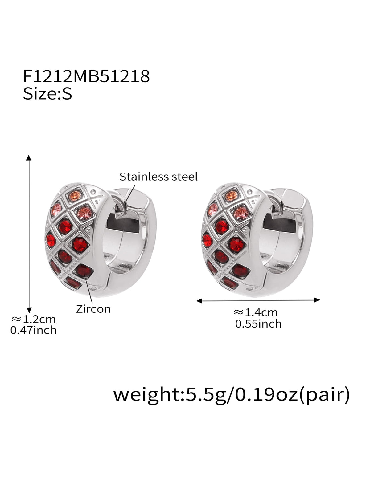F1212 silver-tone red CZ lattice hoop earrings, size S; diagram shows approximately 12 by 14 mm and 5.5 g per pair.