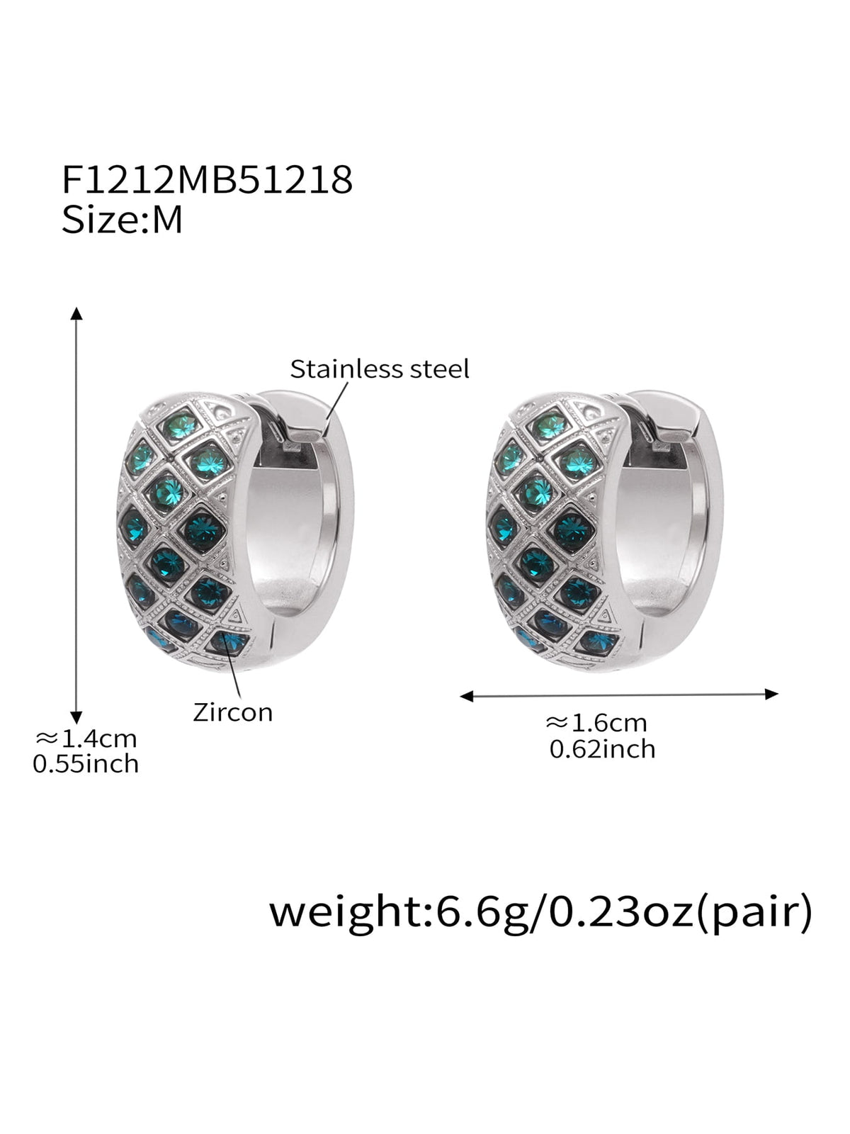 F1212 silver-tone teal CZ lattice hoop earrings, size M; diagram shows approximately 14 by 16 mm and 6.6 g per pair.