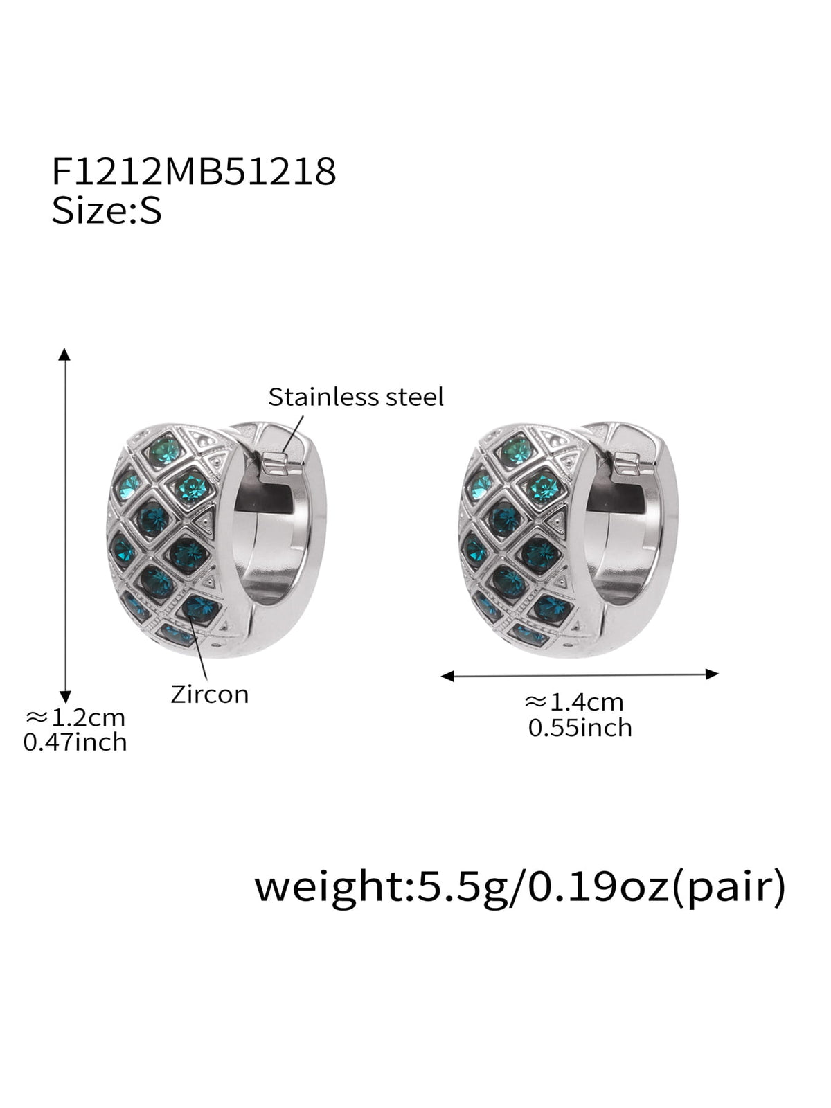 F1212 silver-tone teal CZ lattice hoop earrings, size S; diagram shows approximately 12 by 14 mm and 5.5 g per pair.