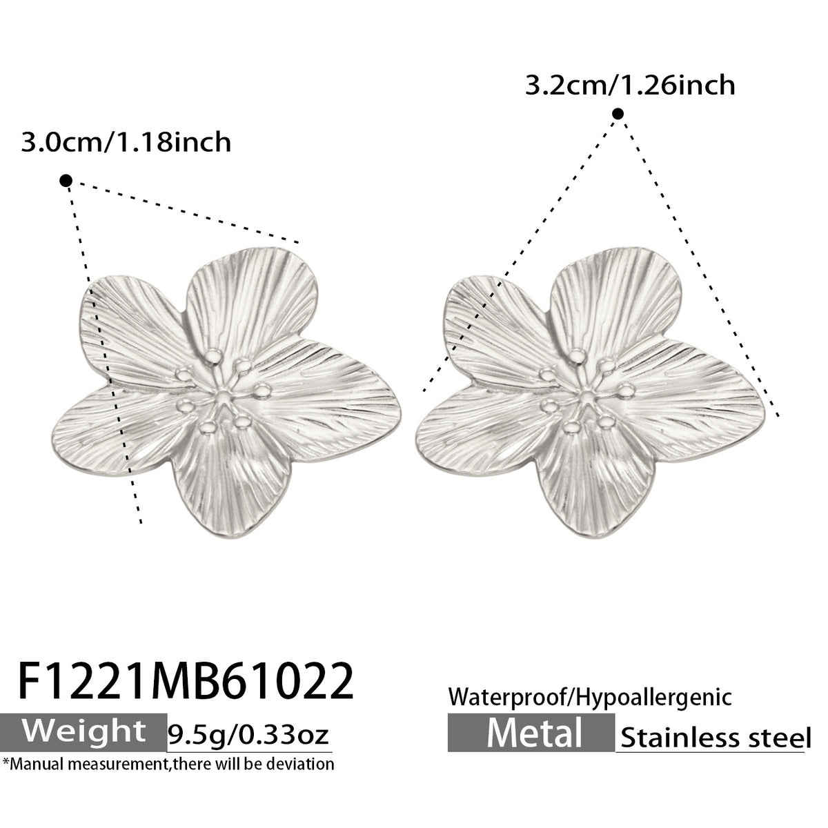 F1221 steel-tone flower earrings with size and weight specifications