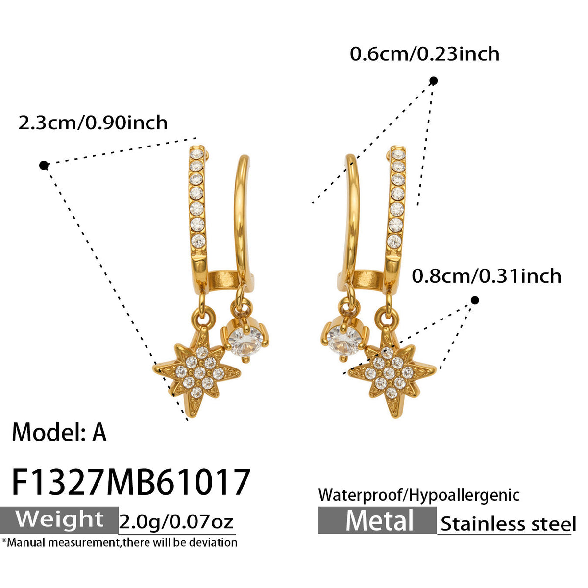 F1327 Model A gold-tone stainless steel star CZ drop earrings with size specifications