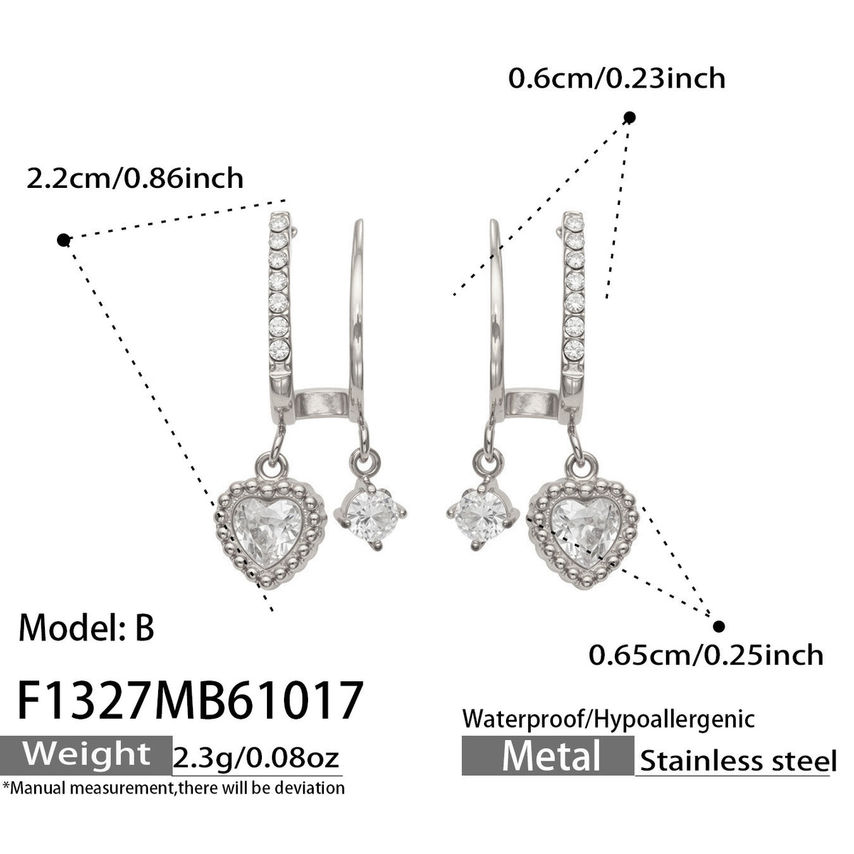 F1327 Model B steel-tone stainless steel heart CZ drop earrings with size specifications