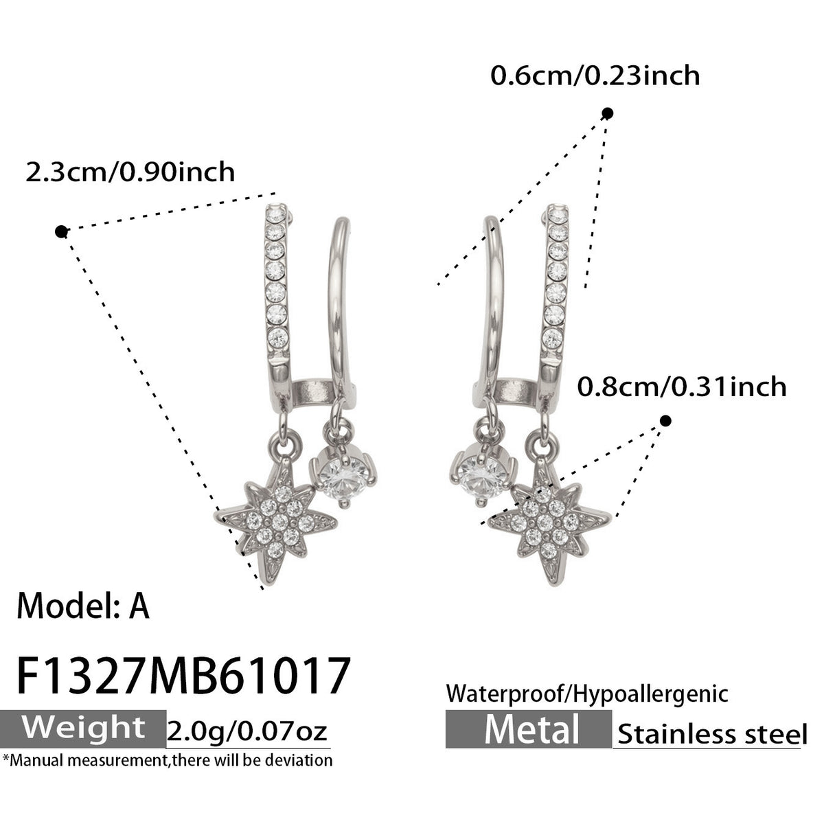 F1327 Model A steel-tone stainless steel star CZ drop earrings with size specifications