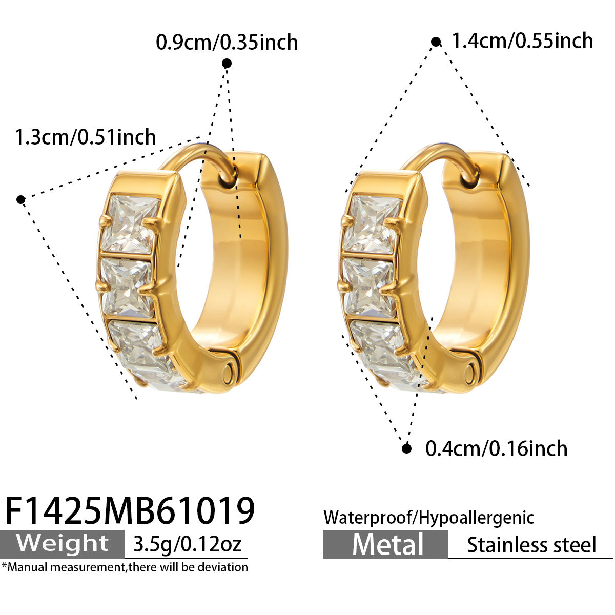 F1425 gold-tone stainless steel huggie earrings with clear cubic zirconia