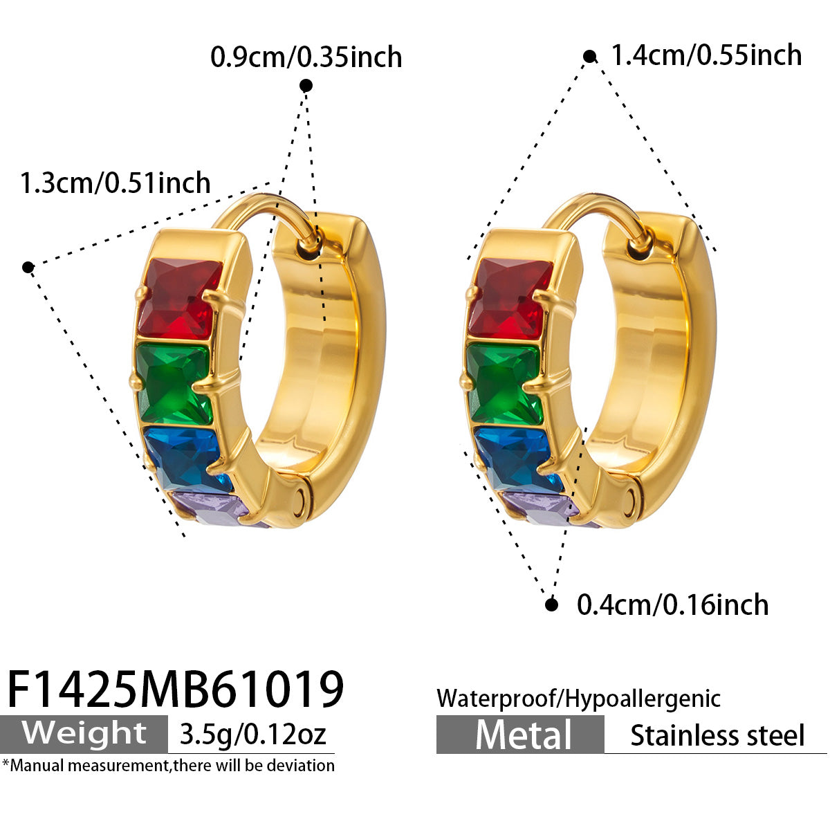 F1425 gold-tone stainless steel huggie earrings with multicolor cubic zirconia