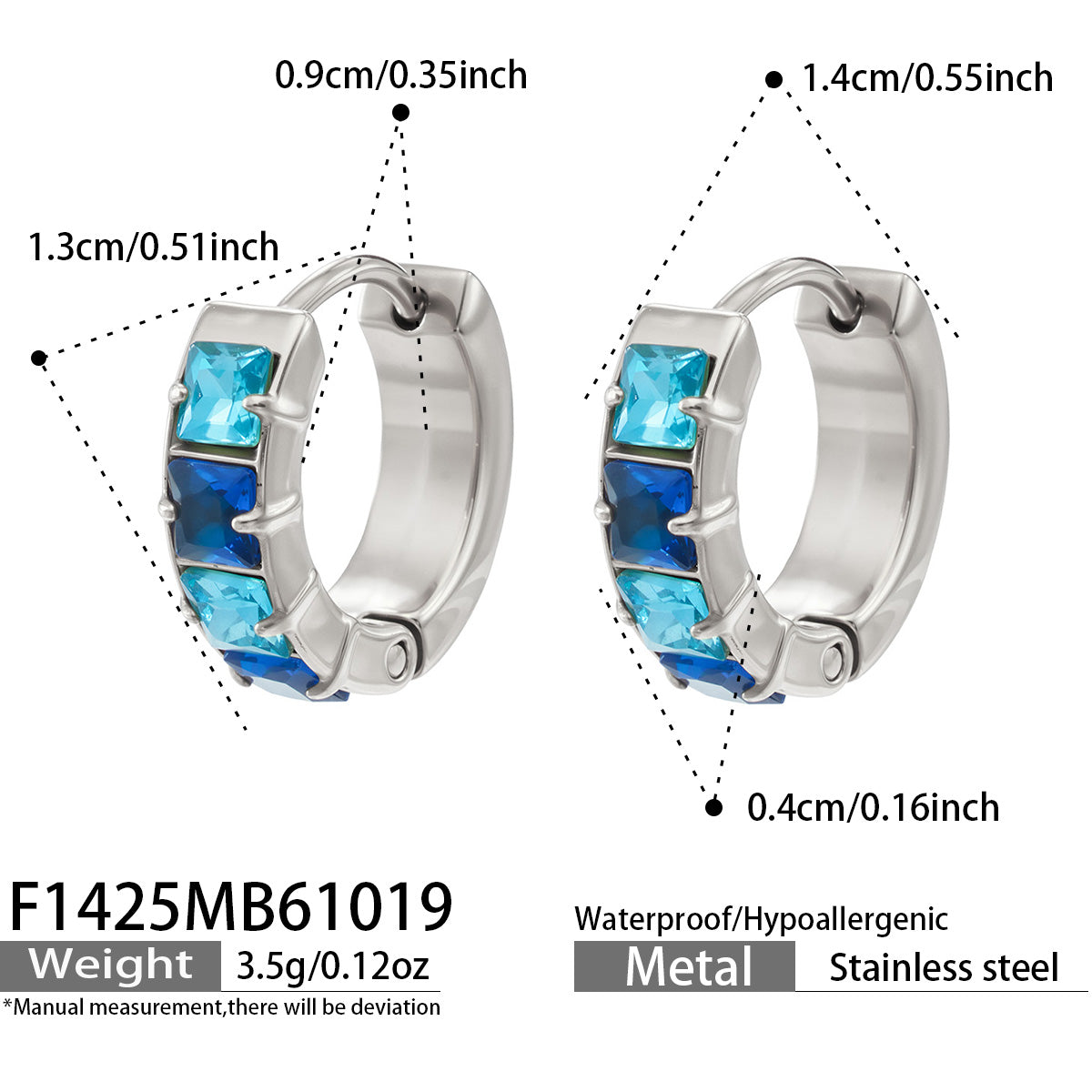 F1425 steel-tone stainless steel huggie earrings with blue cubic zirconia