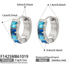 F1425 steel-tone stainless steel huggie earrings with blue cubic zirconia