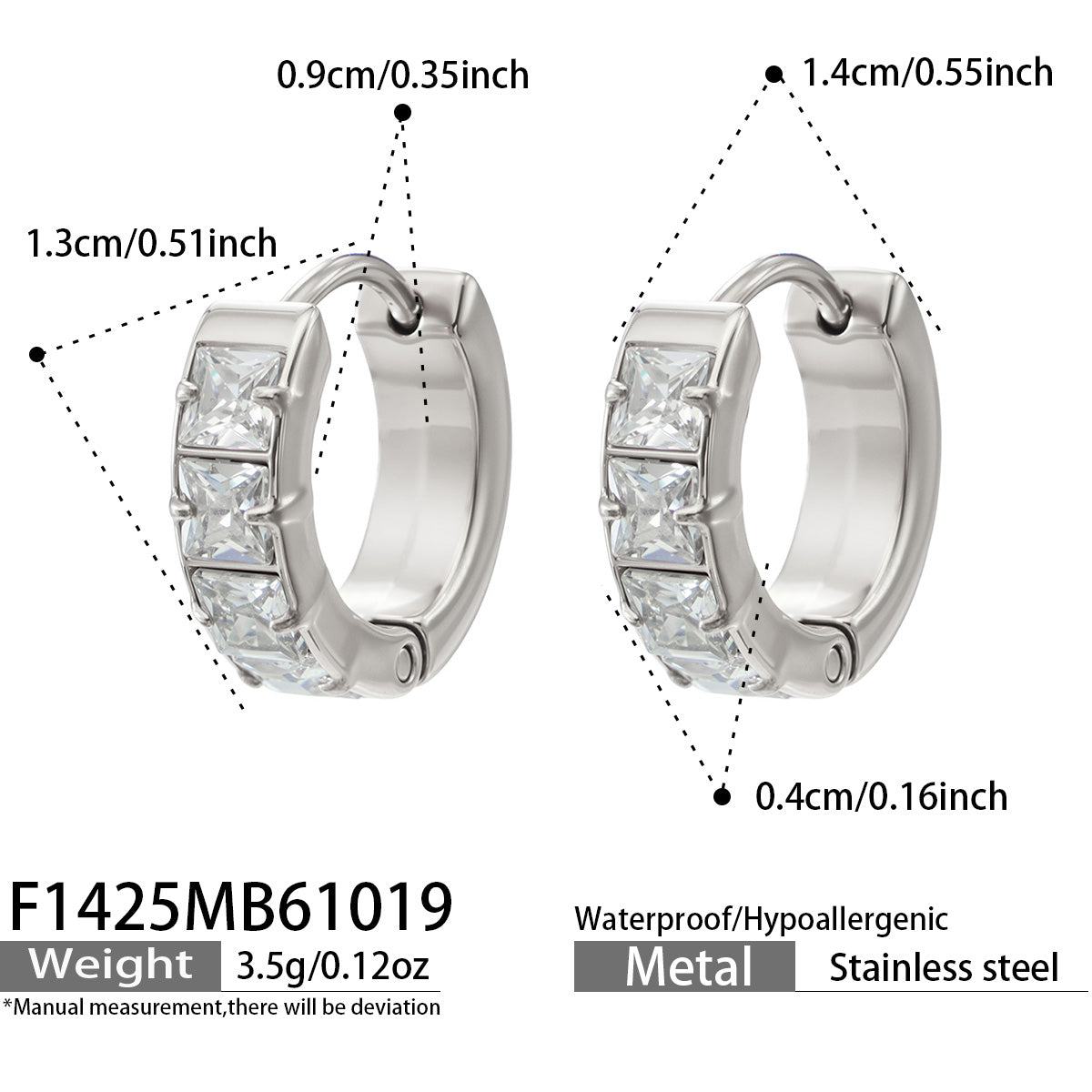 F1425 steel-tone stainless steel huggie earrings with clear cubic zirconia specification