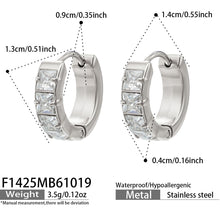 F1425 steel-tone stainless steel huggie earrings with clear cubic zirconia specification