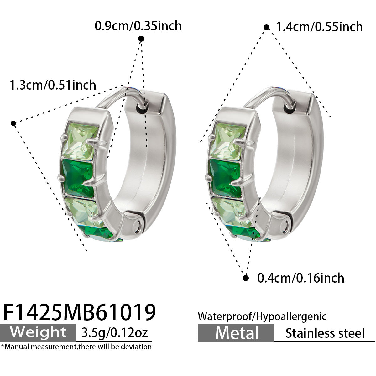 F1425 steel-tone stainless steel huggie earrings with green cubic zirconia