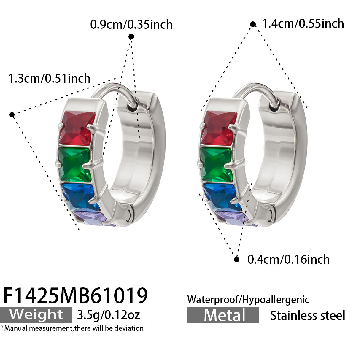 F1425 steel-tone stainless steel huggie earrings with multicolor cubic zirconia