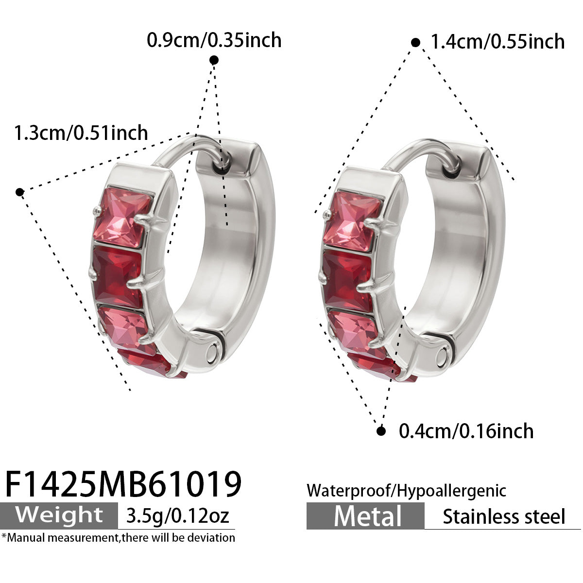 F1425 steel-tone stainless steel huggie earrings with pink cubic zirconia