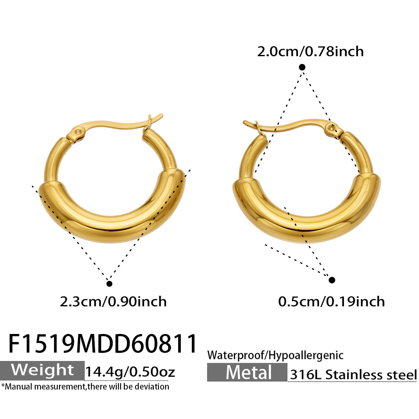 F1519 chunky C-shaped hoop earrings in 316 stainless steel size and product detail guide