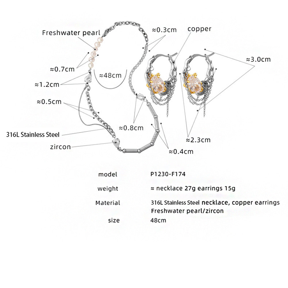 F174 copper pearl CZ chain hoop earrings size card showing 3cm hoop size, 15g weight, freshwater pearl and zircon details