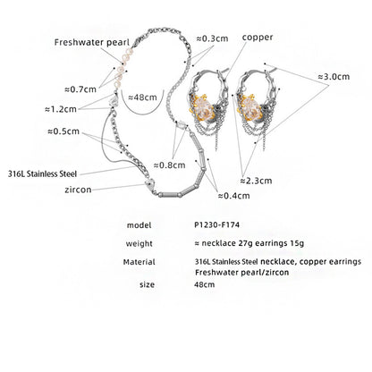 F174 copper pearl CZ chain hoop earrings size card showing 3cm hoop size, 15g weight, freshwater pearl and zircon details