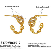 Gold chain link hoop earrings size guide showing pavé zircon detail, linked construction and product dimensions