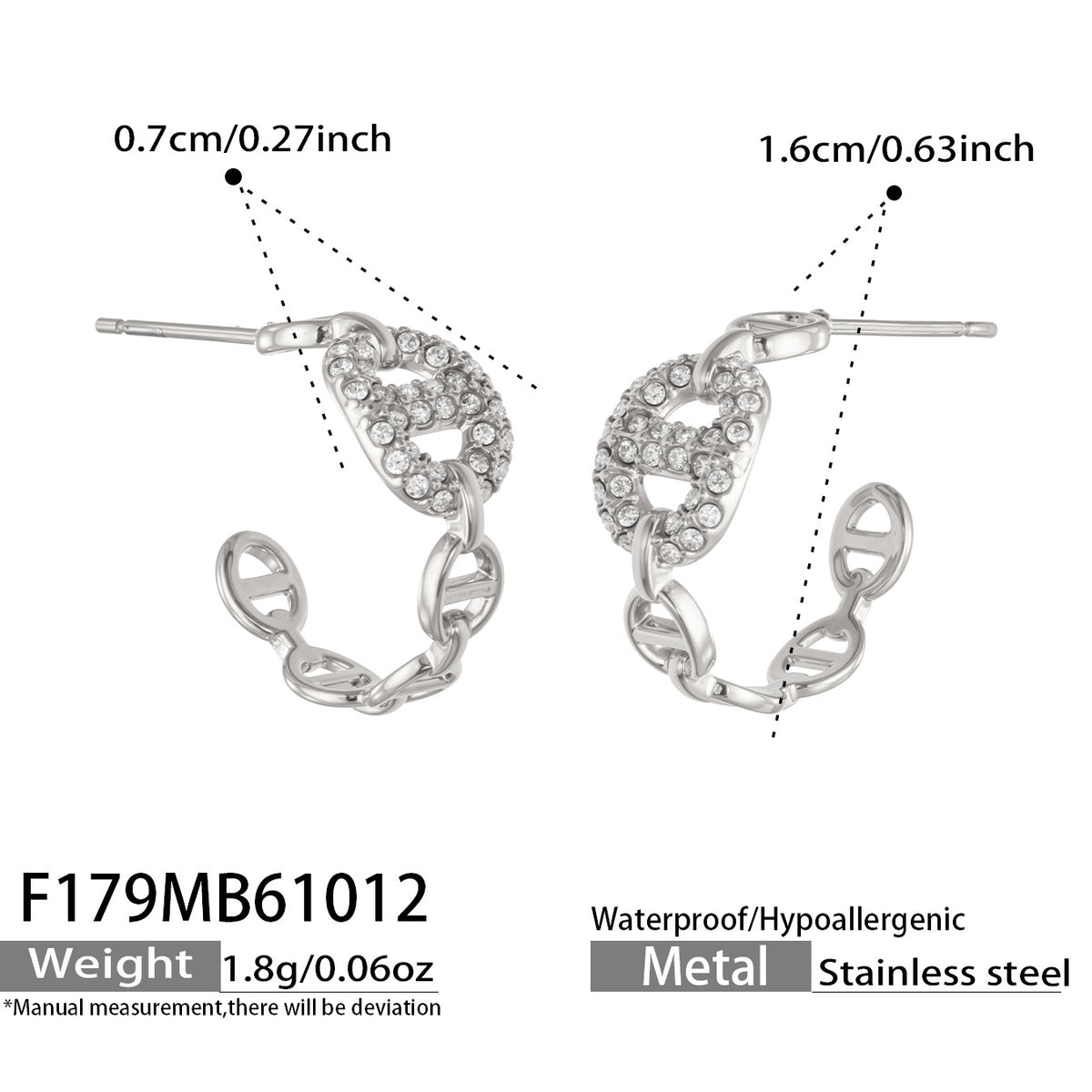 Silver chain link hoop earrings dimension image showing geometric links, zircon pavé detailing and product size