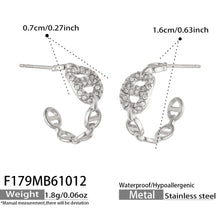 Silver chain link hoop earrings dimension image showing geometric links, zircon pavé detailing and product size